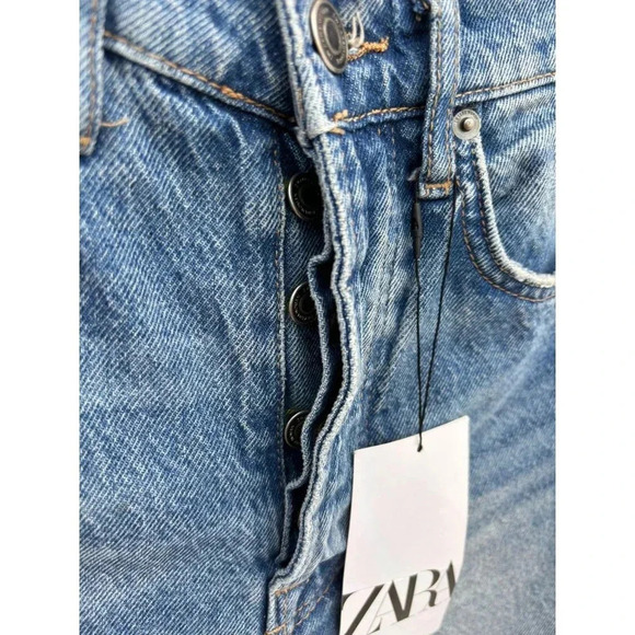 Zara Ruffled Womens Crop Straight Leg Button Fly Patchwork Denim Jeans Blue Sz 4 - Picture 5 of 13